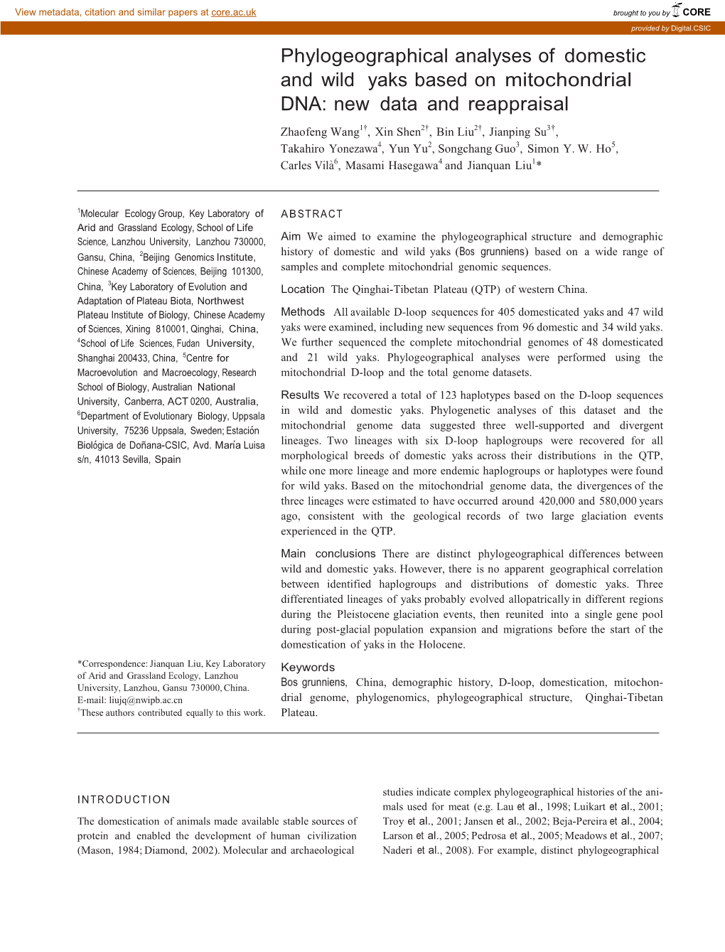 Phylogeographical Analyses of Domestic and Wild Yaks