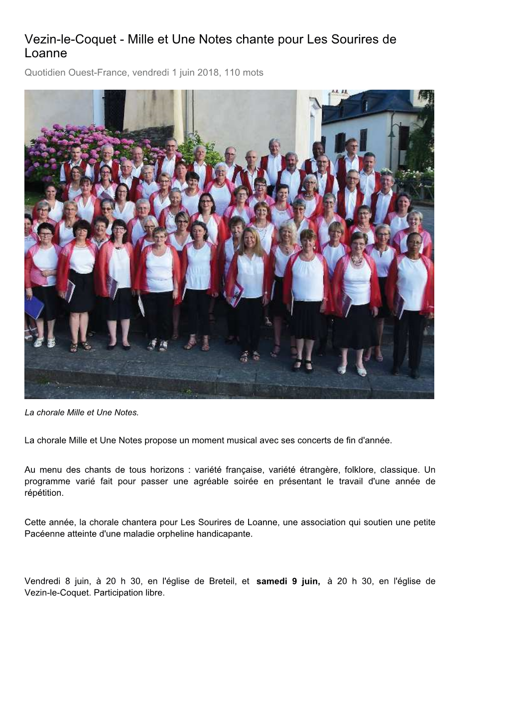 Vezin-Le-Coquet - Mille Et Une Notes Chante Pour Les Sourires De Loanne Quotidien Ouest-France, Vendredi 1 Juin 2018, 110 Mots