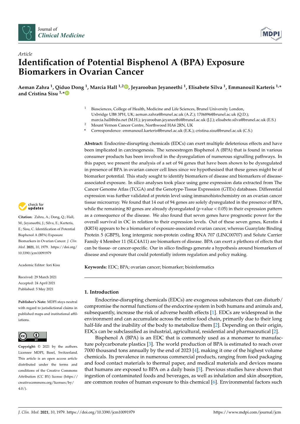 (BPA) Exposure Biomarkers in Ovarian Cancer