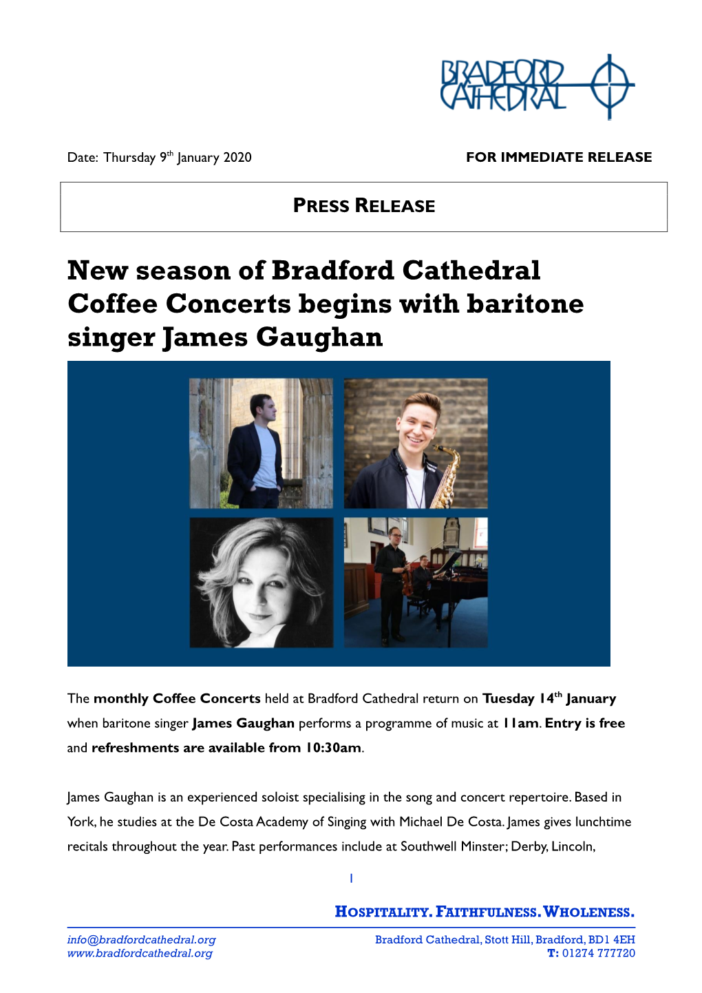 New Season of Bradford Cathedral Coffee Concerts Begins with Baritone Singer James Gaughan