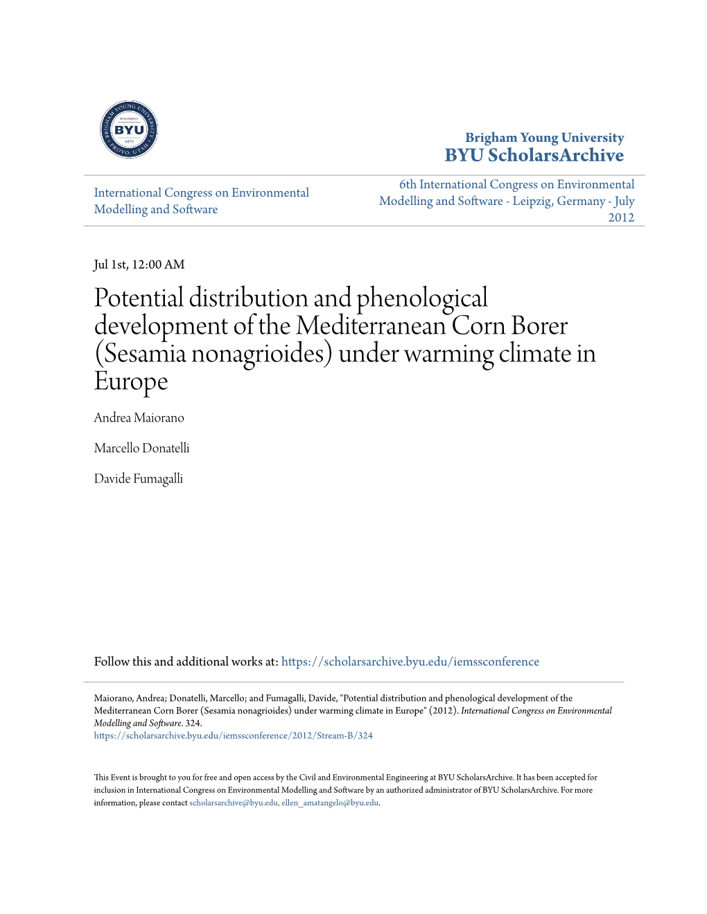 Sesamia Nonagrioides) Under Warming Climate in Europe Andrea Maiorano