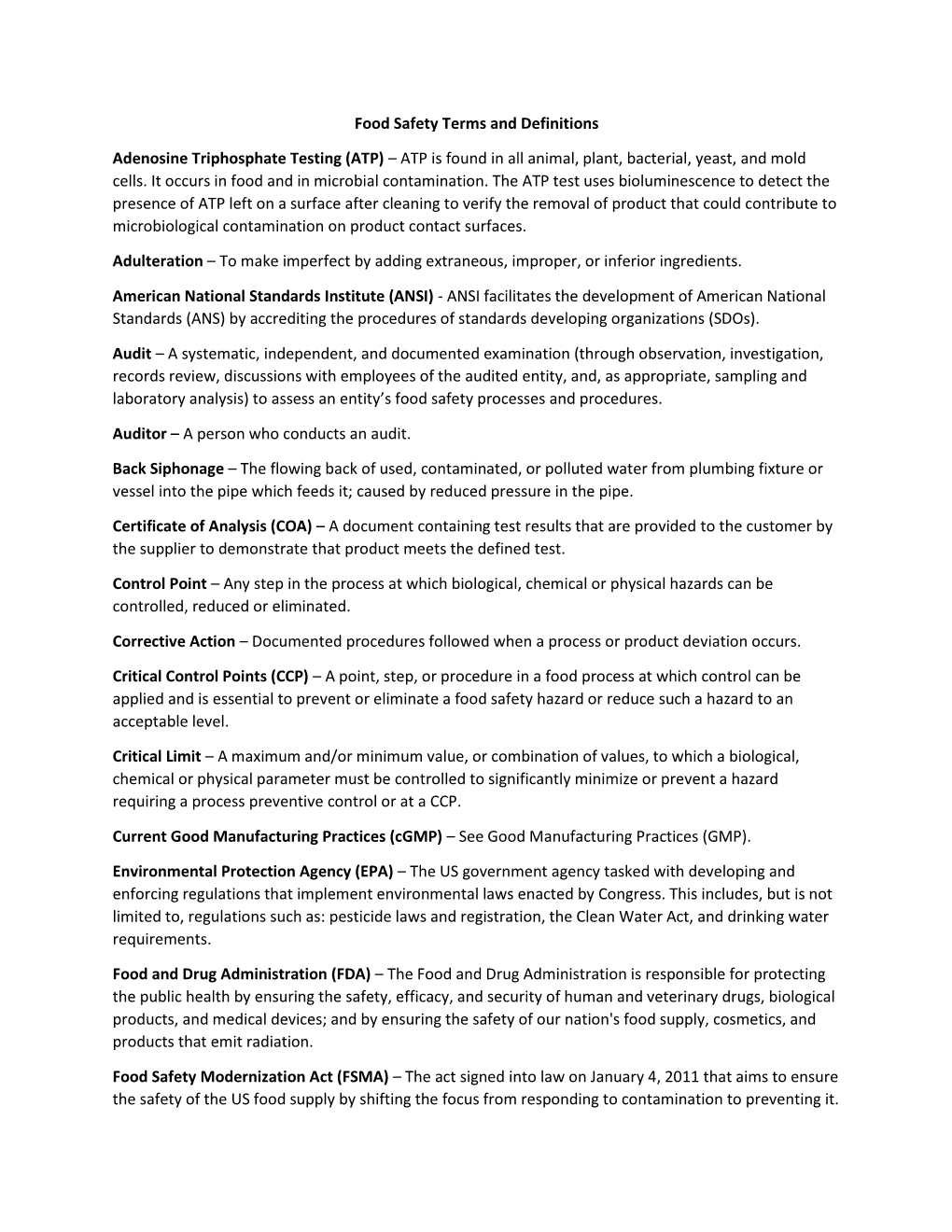 Food Safety Terms and Definitions Adenosine Triphosphate Testing