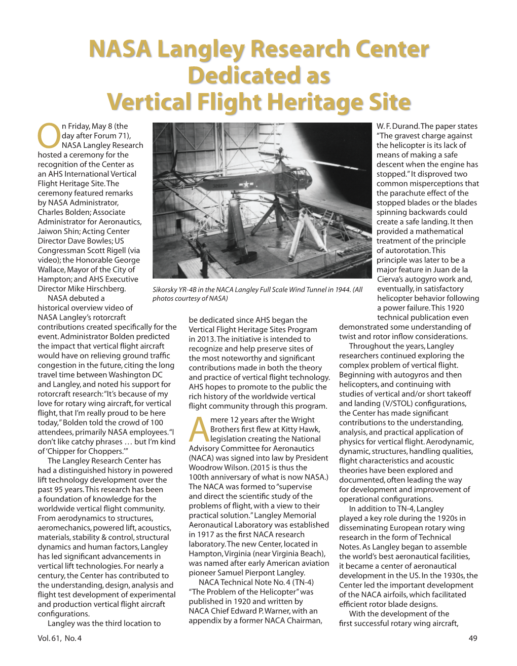 NASA Langley Research Center Dedicated As Vertical Flight Heritage Site N Friday, May 8 (The W