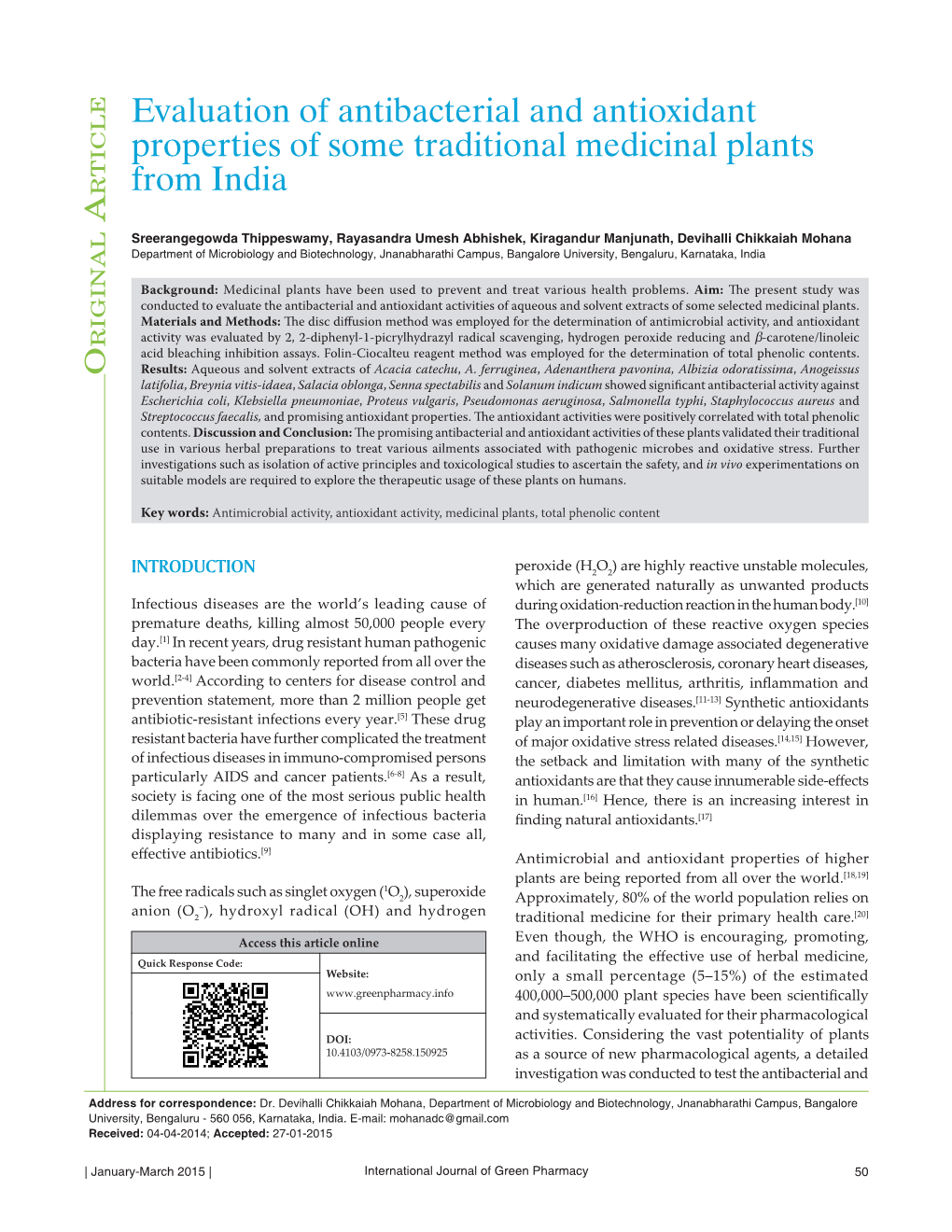 Evaluation of Antibacterial and Antioxidant Properties of Some Traditional Medicinal Plants