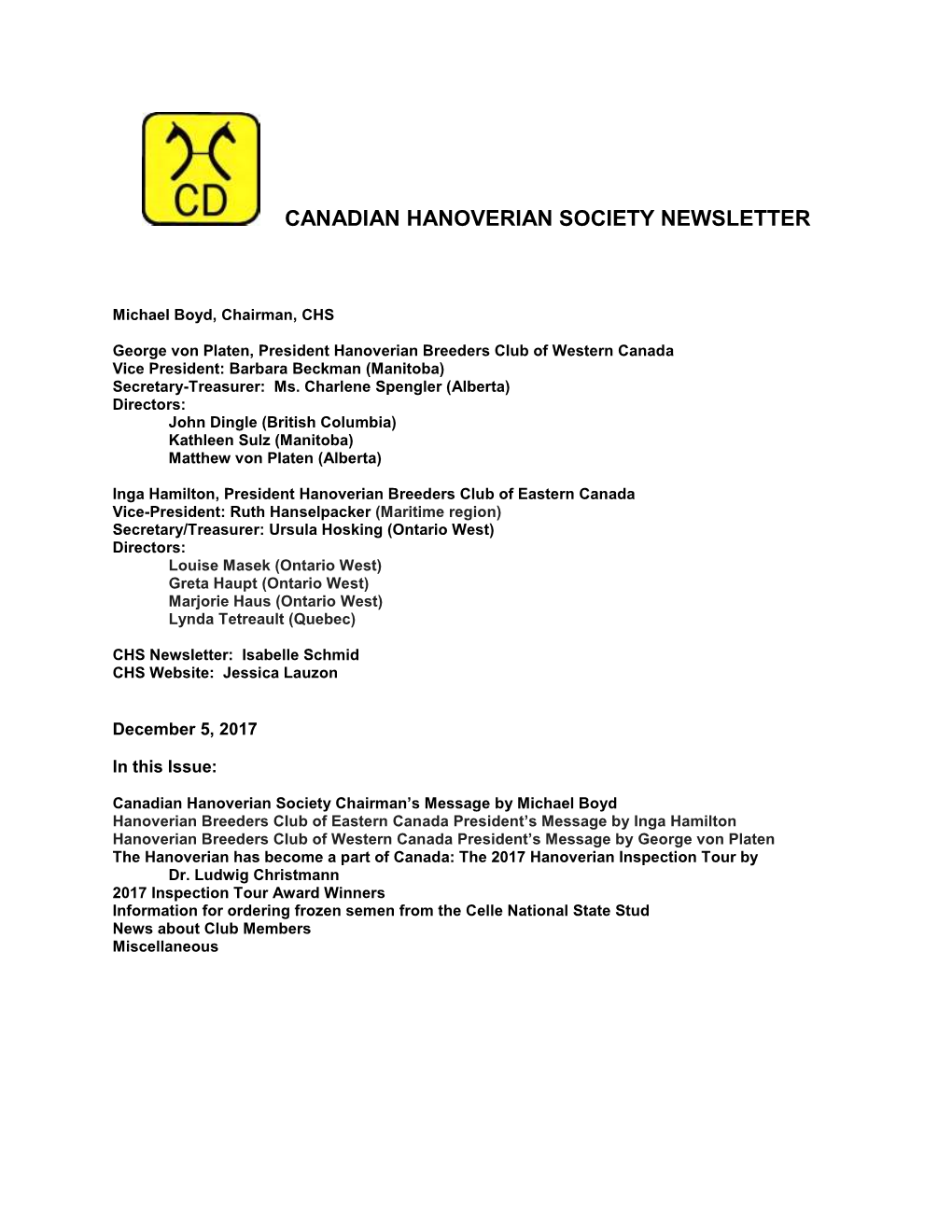 Canadian Hanoverian Society Newsletter