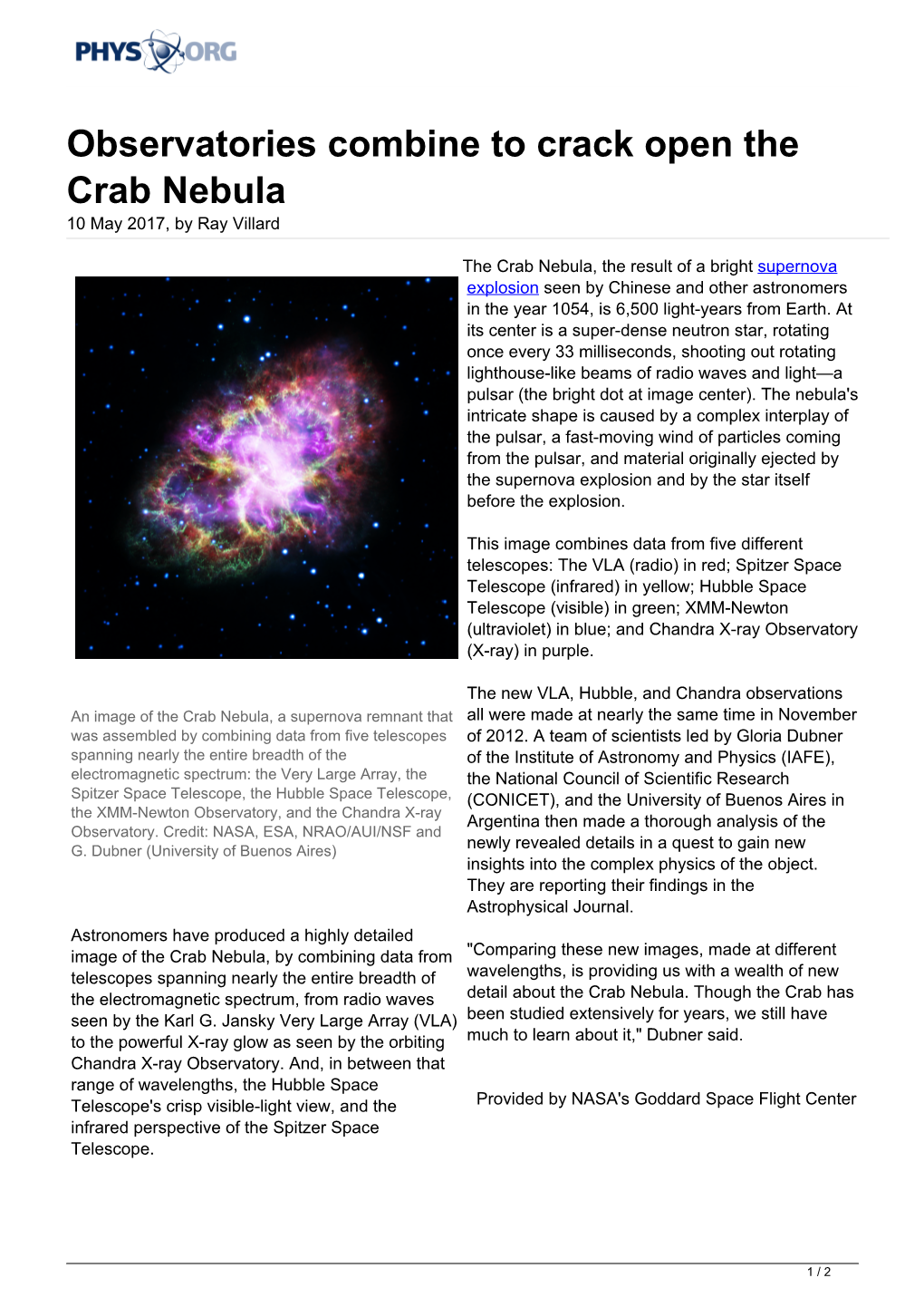 Observatories Combine to Crack Open the Crab Nebula 10 May 2017, by Ray Villard