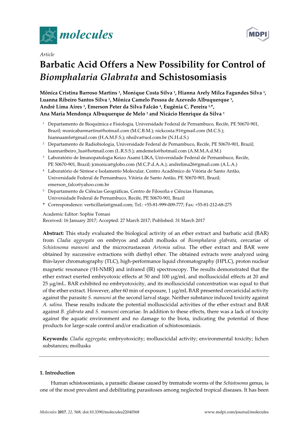 Barbatic Acid Offers a New Possibility for Control of Biomphalaria Glabrata and Schistosomiasis