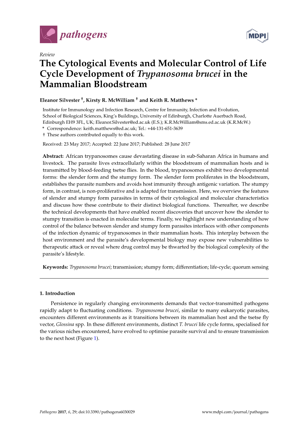 The Cytological Events and Molecular Control of Life Cycle Development of Trypanosoma Brucei in the Mammalian Bloodstream