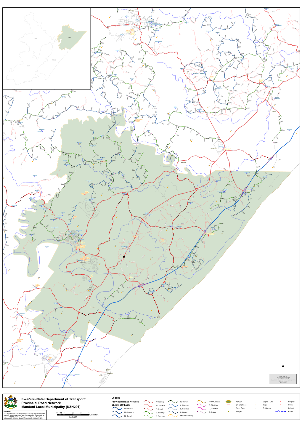 Provincial Road Network P, Blacktop D, Gravel PROW, Gravel KZN291 !