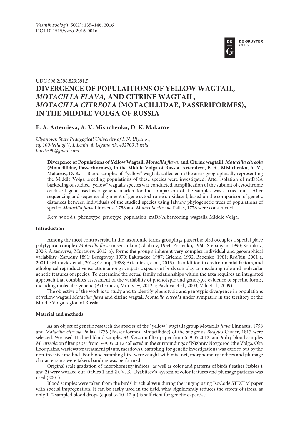 Divergence of Populaitions of Yellow Wagtail, Motacilla Flava, and Citrine Wagtail, Motacilla Citreola (Motacillidae, Passeriformes), in the Middle Volga of Russia