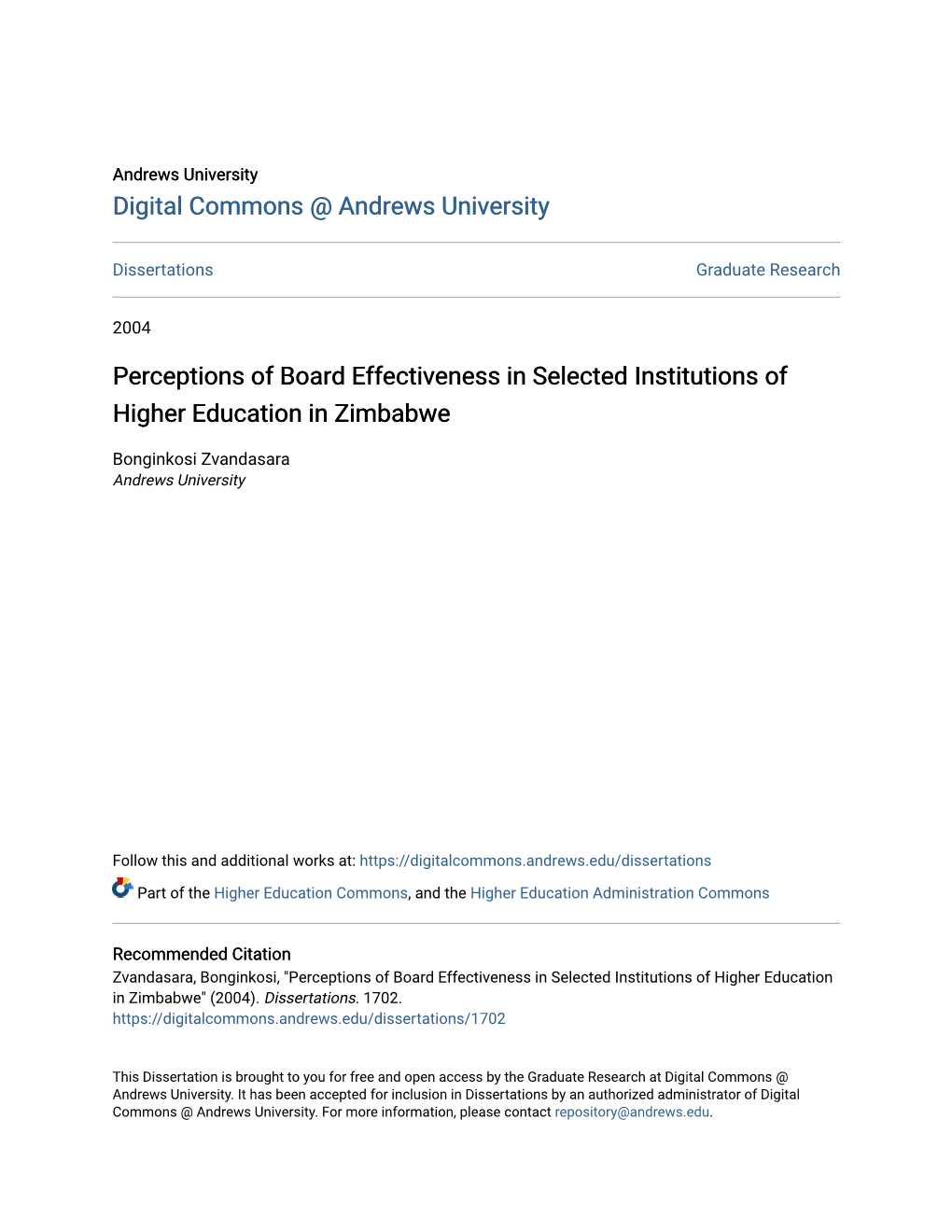 Perceptions of Board Effectiveness in Selected Institutions of Higher Education in Zimbabwe