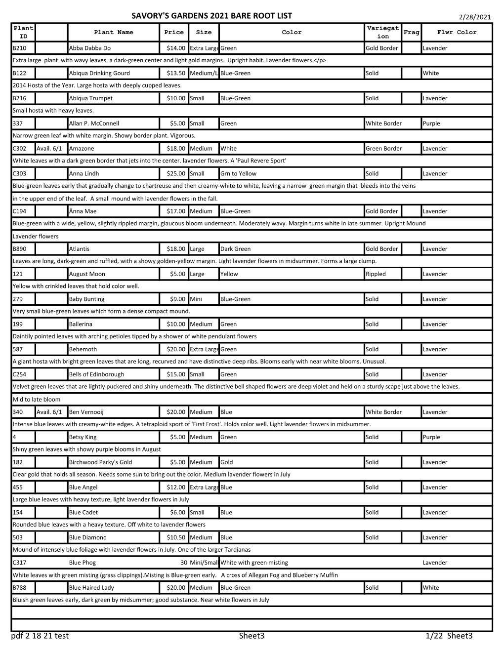 SAVORY's GARDENS 2021 BARE ROOT LIST Pdf 2 18 21 Test Sheet3