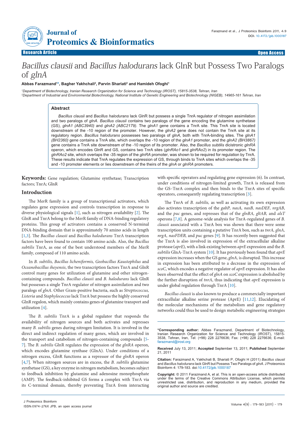 Bacillus Clausii and Bacillus Halodurans Lack Glnr but Possess