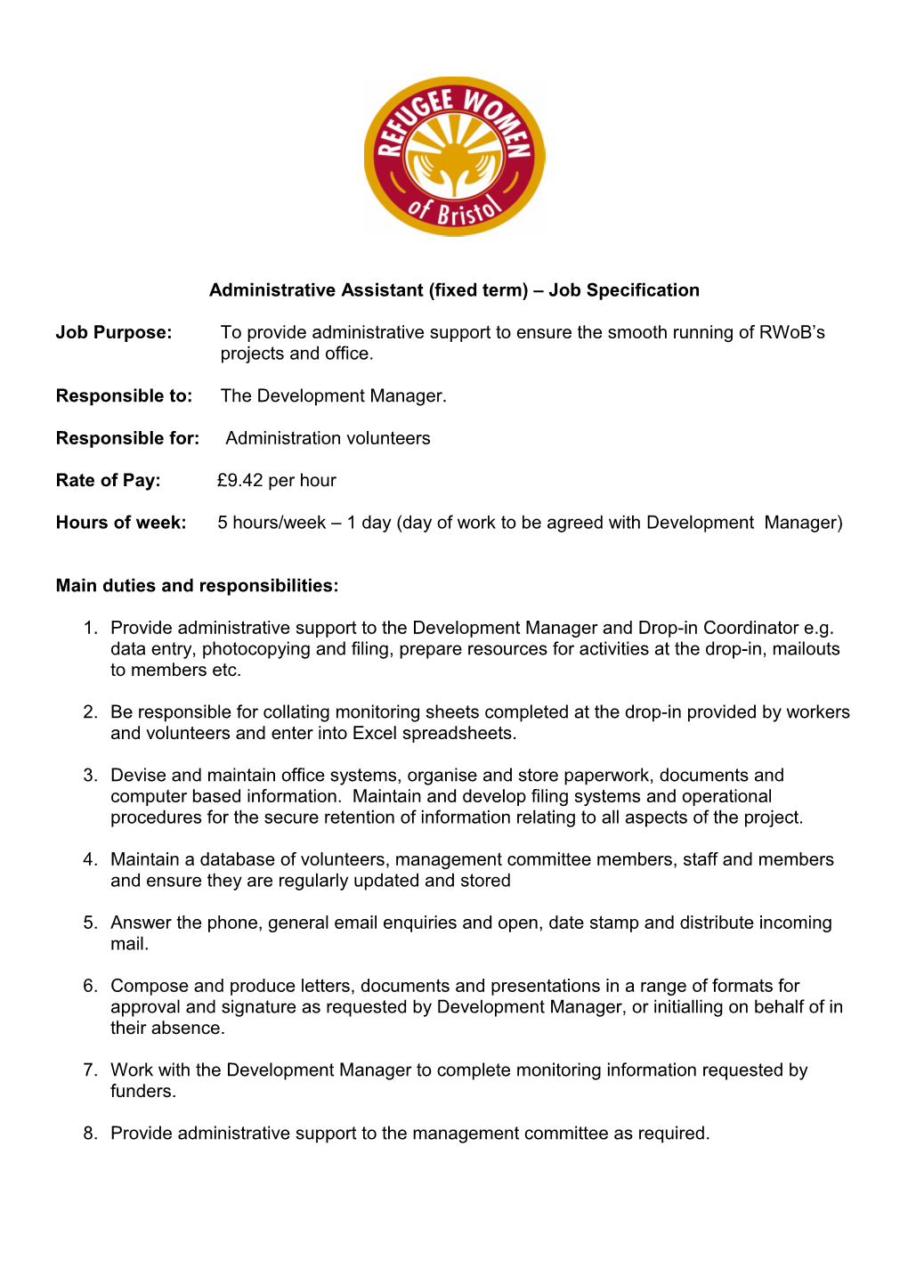 Administrative Assistant(Fixed Term) Job Specification