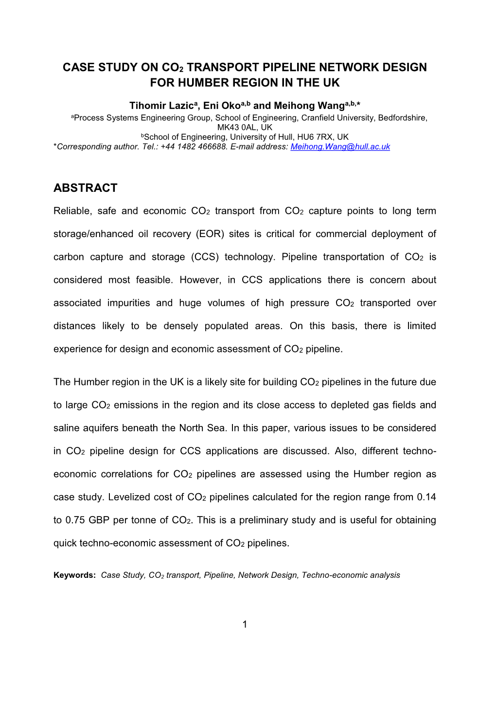 Case Study on Co2 Transport Pipeline Network Design for Humber Region in the Uk