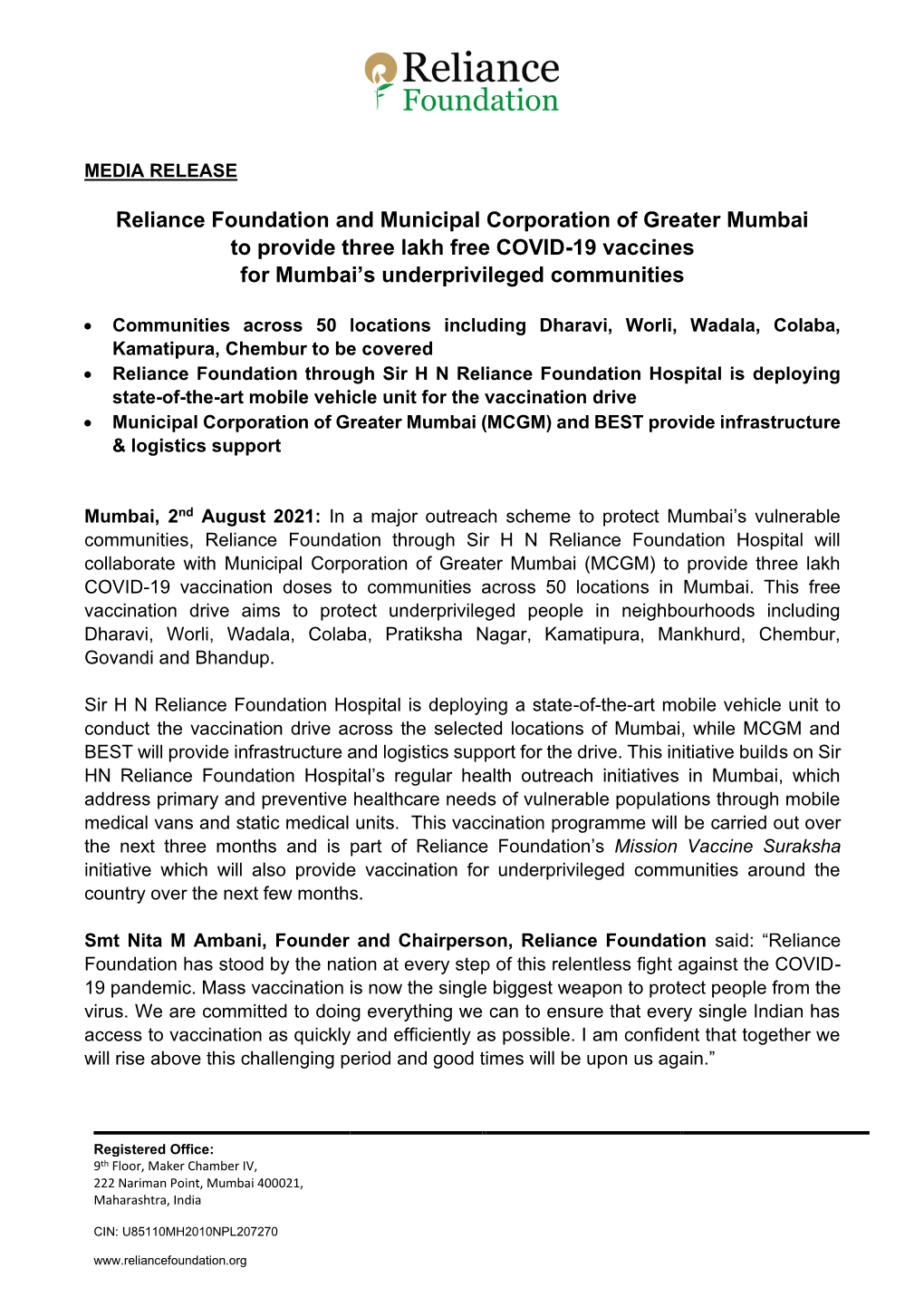 Reliance Foundation and Municipal Corporation of Greater Mumbai to Provide Three Lakh Free COVID-19 Vaccines for Mumbai’S Underprivileged Communities