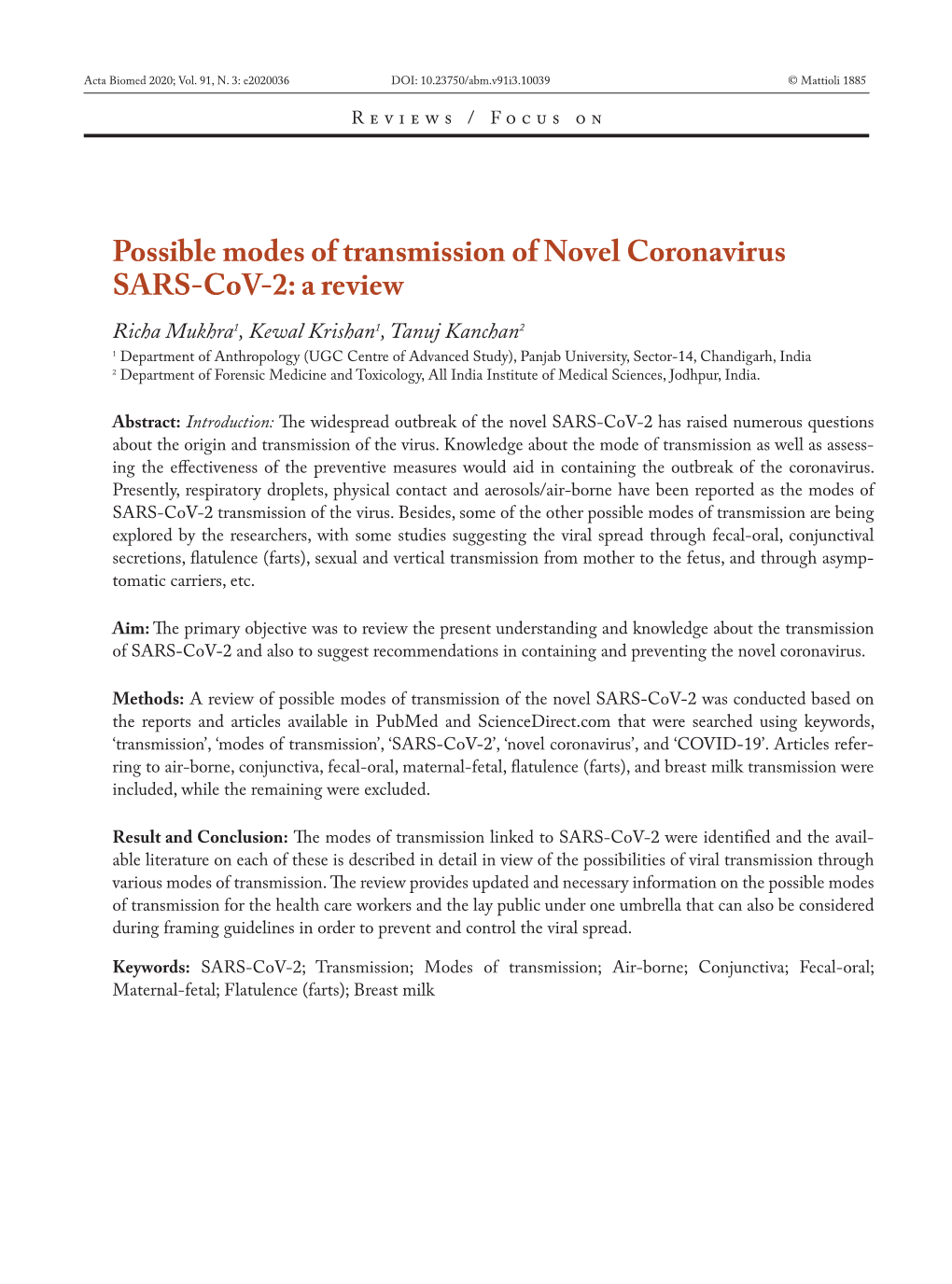 Possible Modes of Transmission of Novel Coronavirus SARS-Cov-2