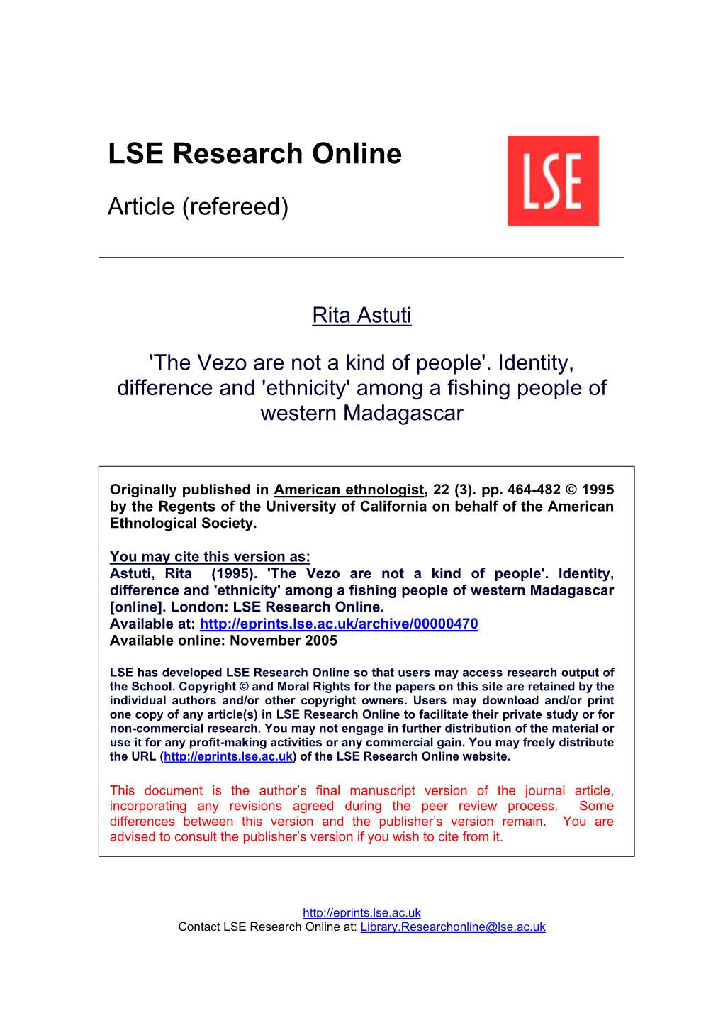 'The Vezo Are Not a Kind of People'. Identity, Difference and 'Ethnicity' Among a Fishing People of Western Madagascar