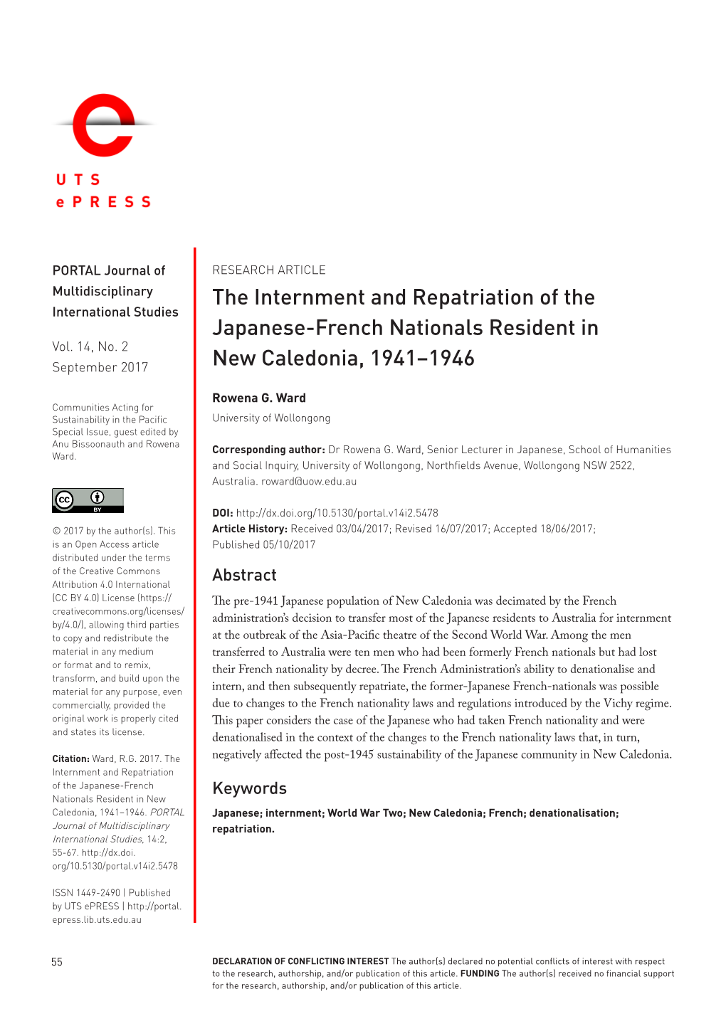 The Internment and Repatriation of the Japanese-French Nationals Resident in New Caledonia, 1941–1946