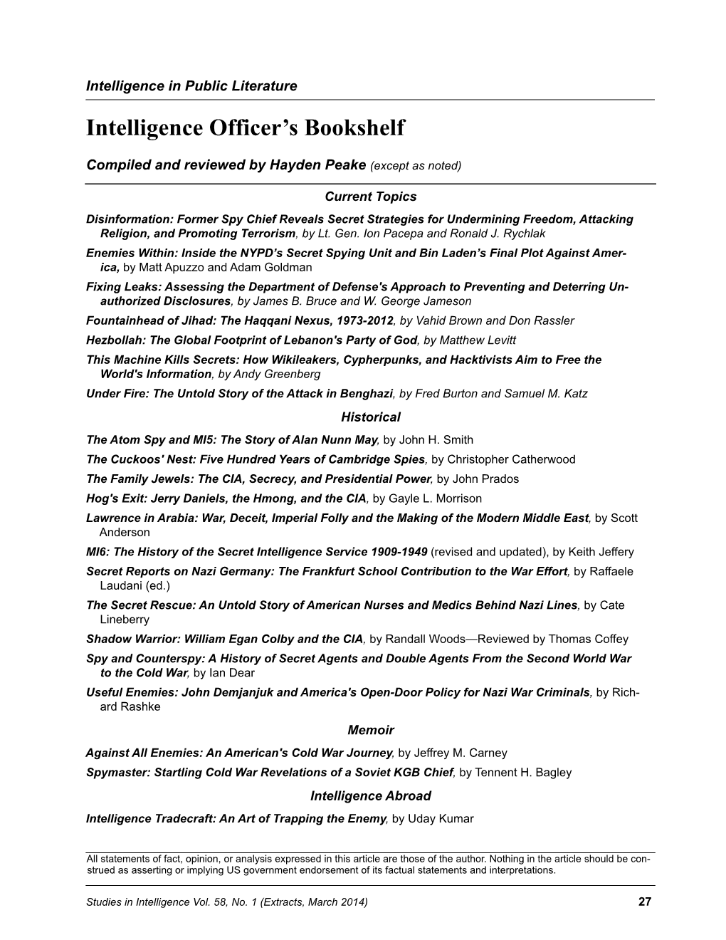 Studies in Intelligence 58 No. 1 (Extracts, March 2014)