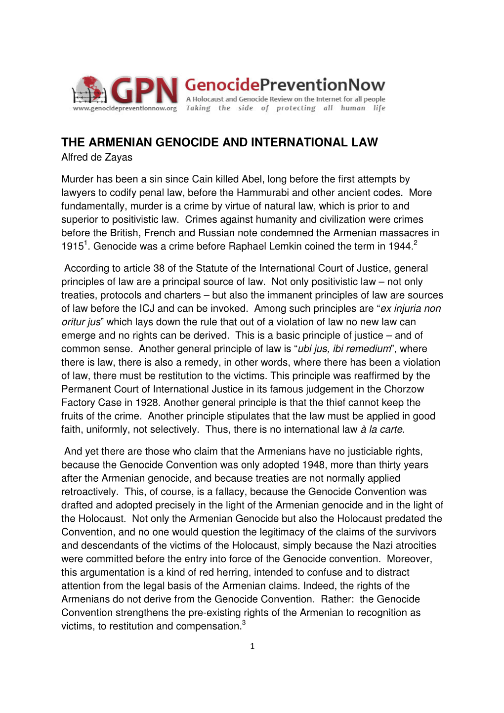 THE ARMENIAN GENOCIDE and INTERNATIONAL LAW Alfred De Zayas