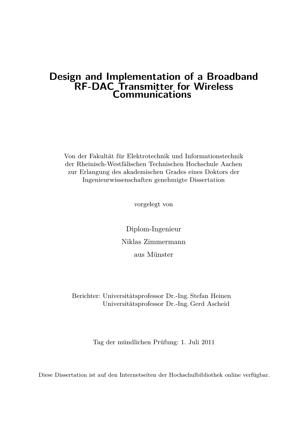 Design and Implementation of a Broadband RF-DAC Transmitter for Wireless Communications