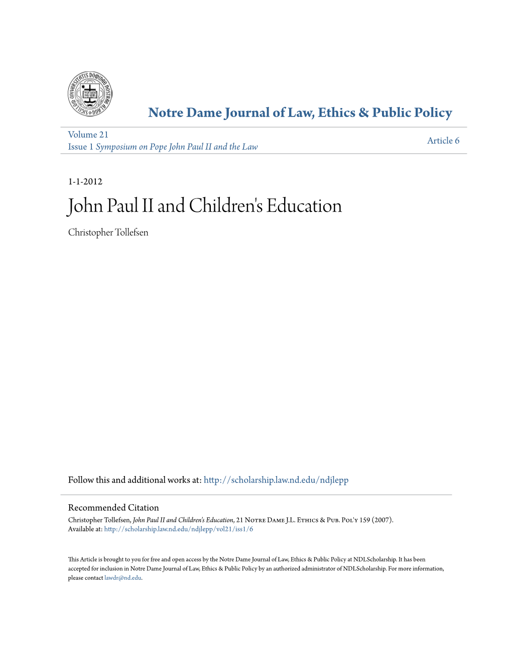 John Paul II and Children's Education Christopher Tollefsen