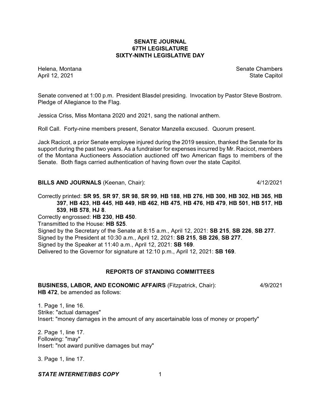 Senate Journal 67Th Legislature Sixty-Ninth Legislative Day