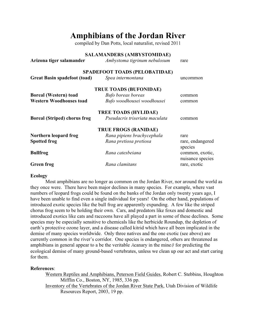 Amphibians of the Jordan River Compiled by Dan Potts, Local Naturalist, Revised 2011