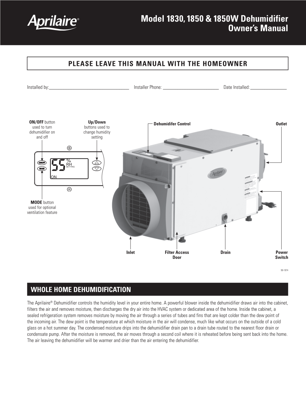 Model 1830, 1850 & 1850W Dehumidifier Owner's Manual