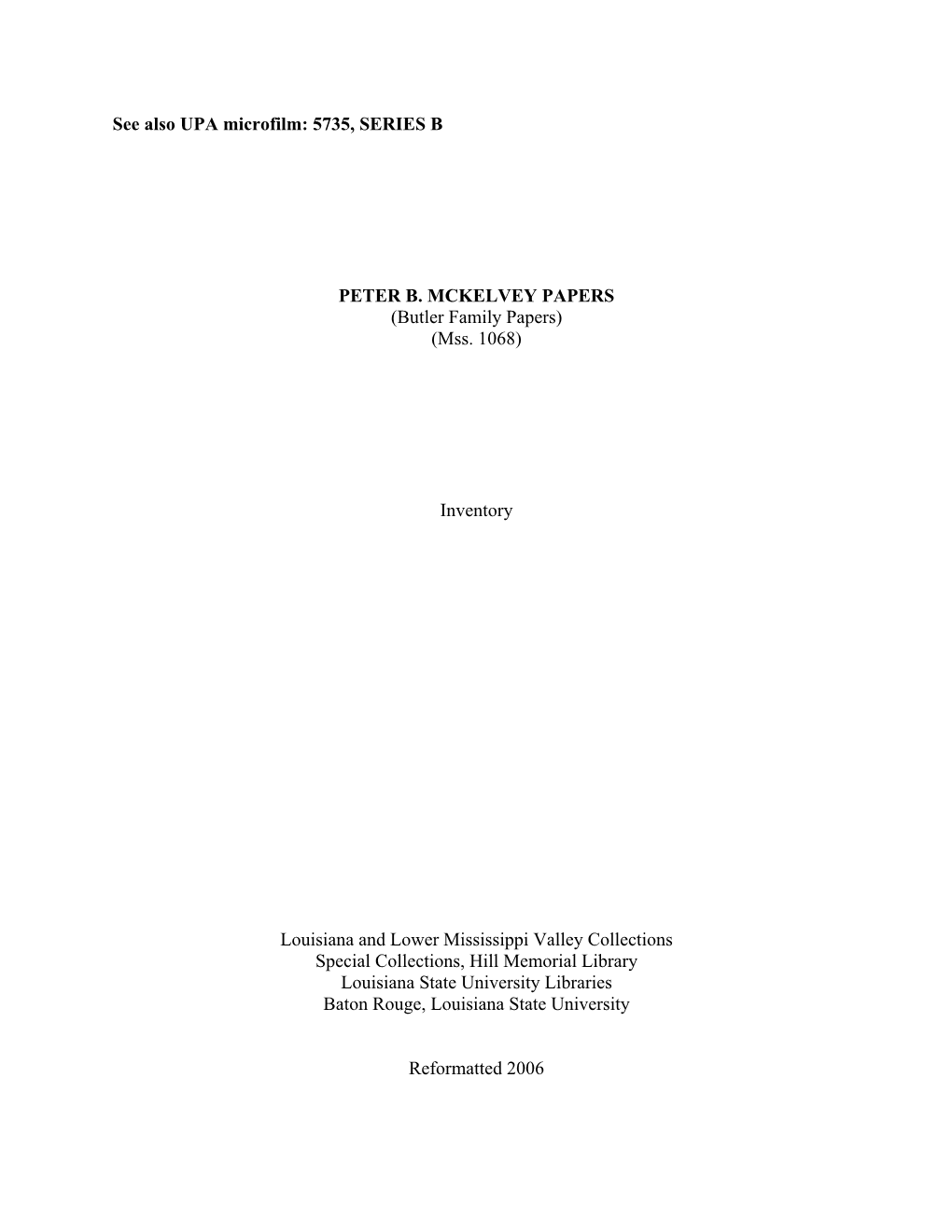 Mckelvey (Peter B.) Papers