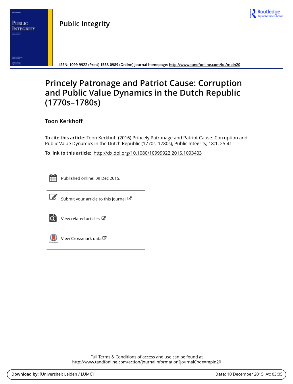 Princely Patronage and Patriot Cause: Corruption and Public Value Dynamics in the Dutch Republic (1770S–1780S)