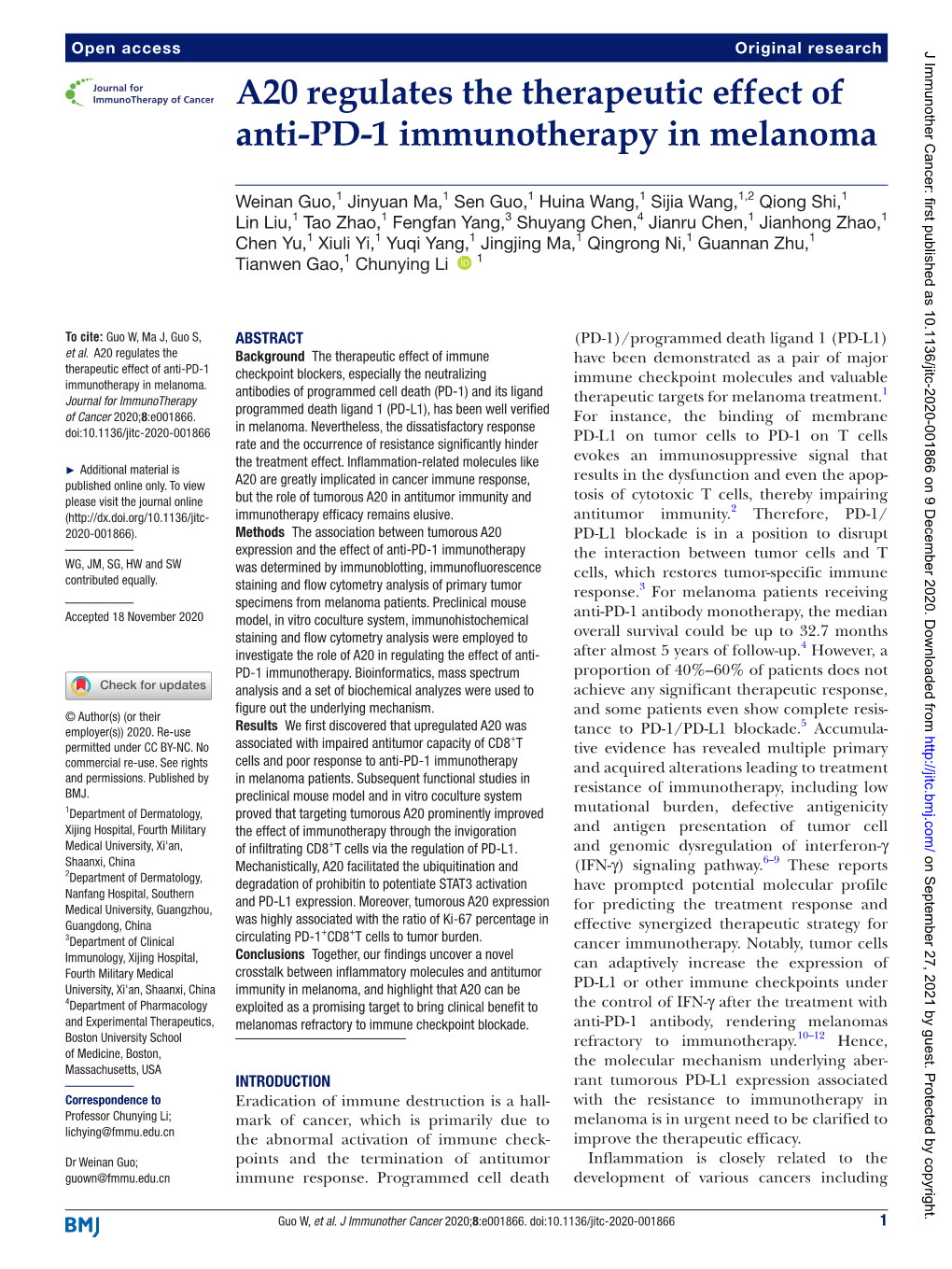 A20 Regulates the Therapeutic Effect of Anti-PD-1 Immunotherapy In