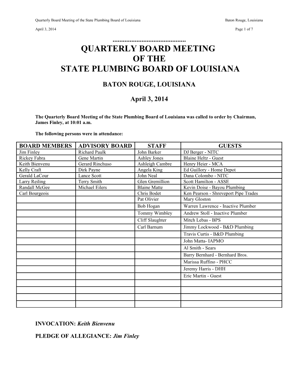 Quarterly Board Meeting of the State Plumbing Board of Louisiana Baton Rouge, Louisiana