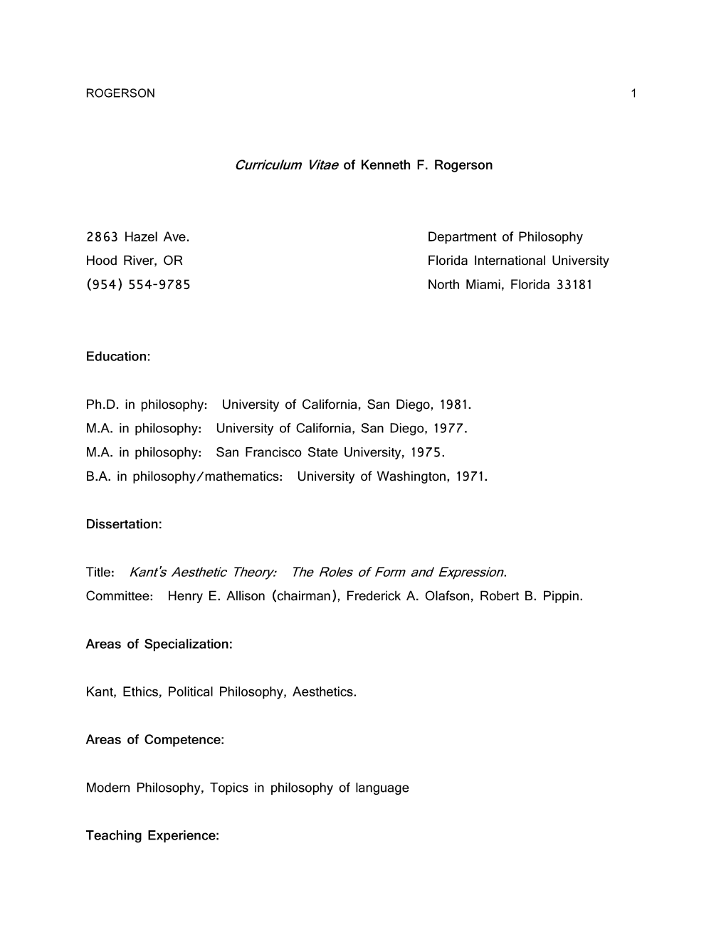 Curriculum Vitae of Kenneth F