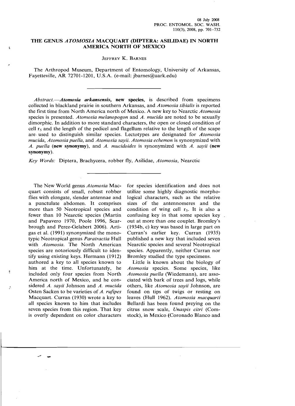 The Genus Atomosia Macquart (Diptera: Asilidae) in North America North of Mexico