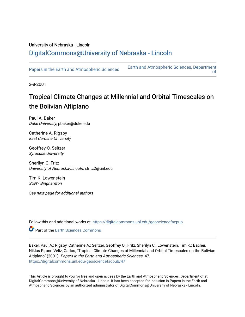 Tropical Climate Changes at Millennial and Orbital Timescales on the Bolivian Altiplano