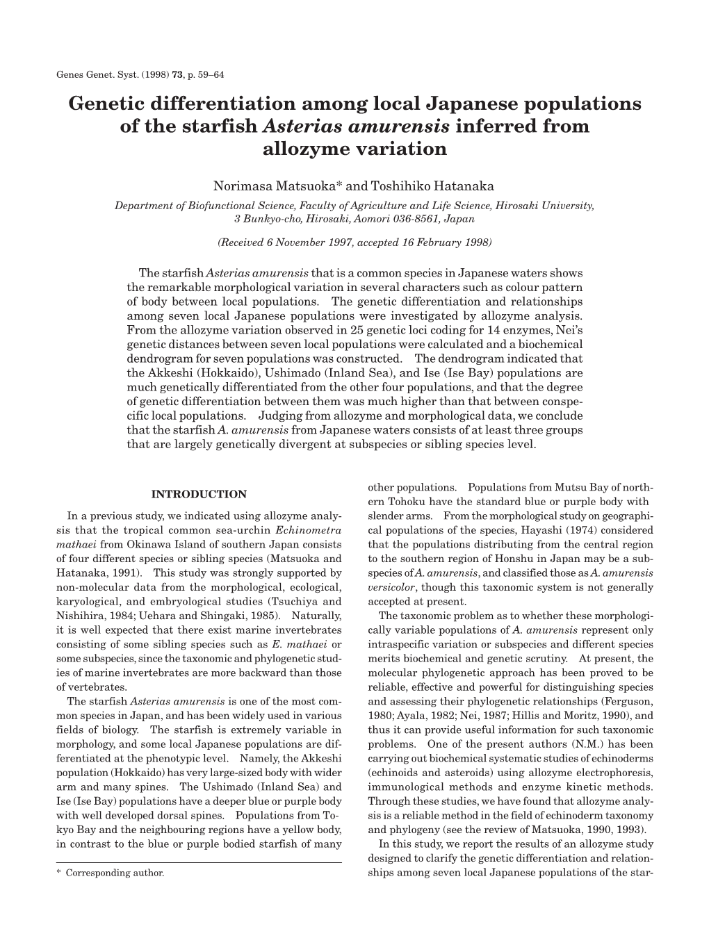 Genetic Differentiation Among Local Japanese Populations of the Starfish Asterias Amurensis Inferred from Allozyme Variation