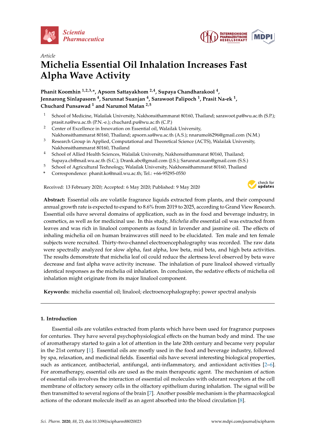 Michelia Essential Oil Inhalation Increases Fast Alpha Wave Activity