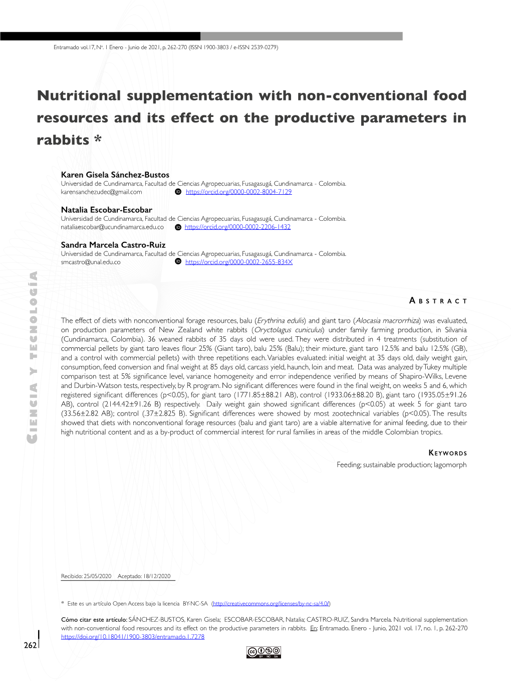 Nutritional Supplementation with Non-Conventional Food Resources and Its Effect on the Productive Parameters in Rabbits *