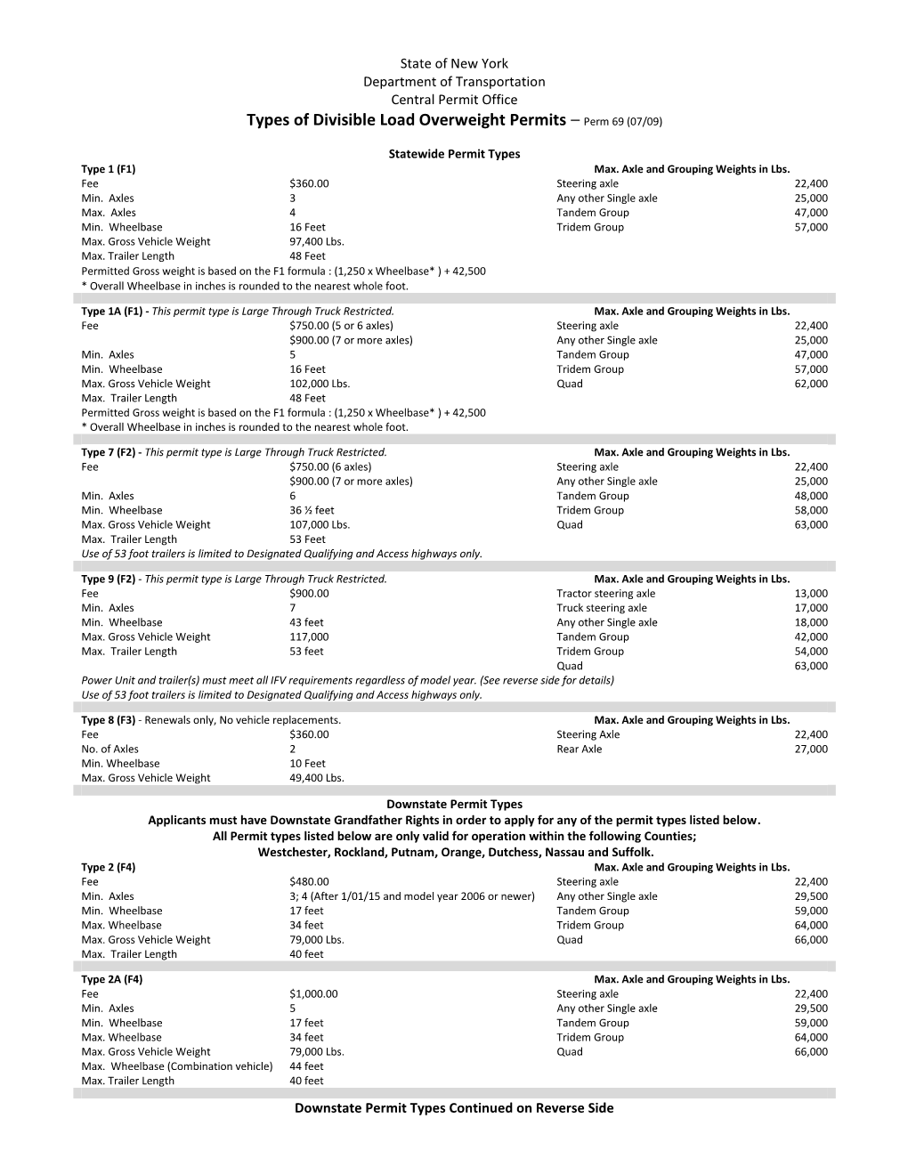 Types of Divisible Load Overweight Permits – Perm 69 (07/09)