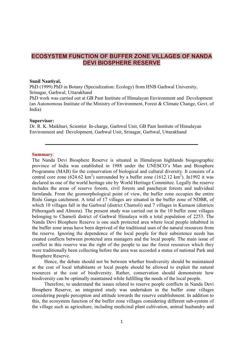 Ecosystem Function of Buffer Zone Villages of Nanda Devi Biosphere Reserve