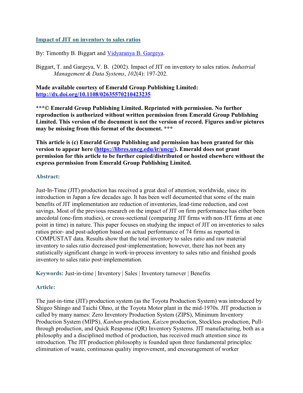 Impact of JIT on Inventory to Sales Ratios By