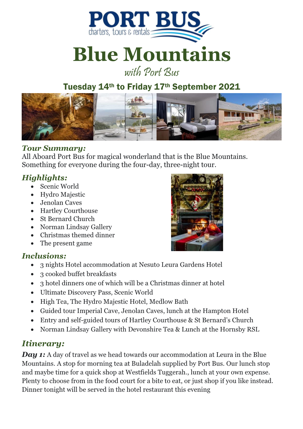 Blue Mountains with Port Bus Tuesday 14Th to Friday 17Th September 2021