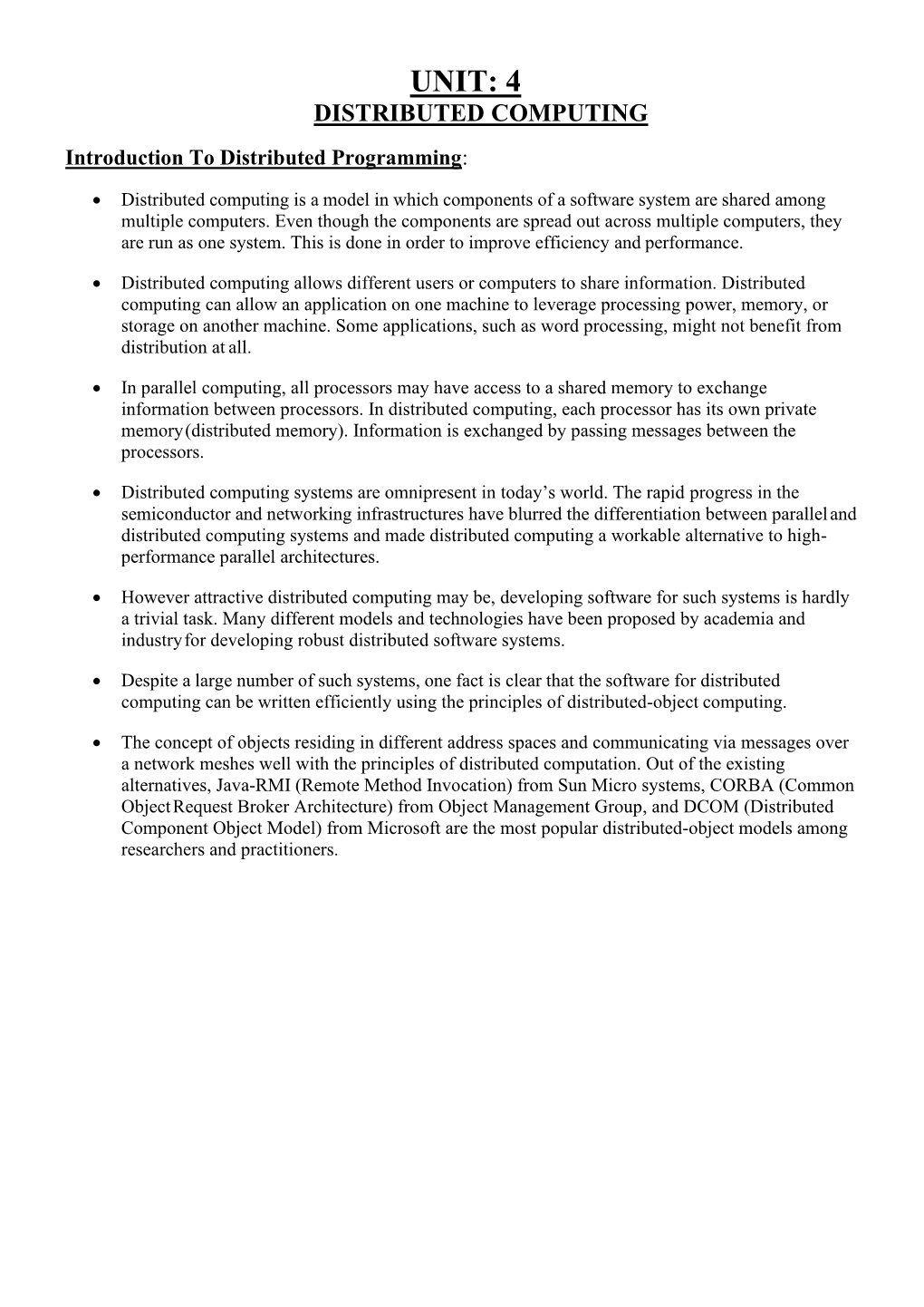 UNIT: 4 DISTRIBUTED COMPUTING Introduction to Distributed Programming