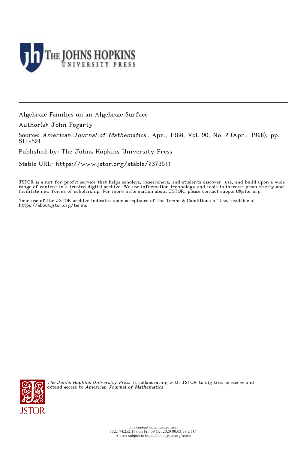 Algebraic Families on an Algebraic Surface Author(S): John Fogarty Source: American Journal of Mathematics , Apr., 1968, Vol