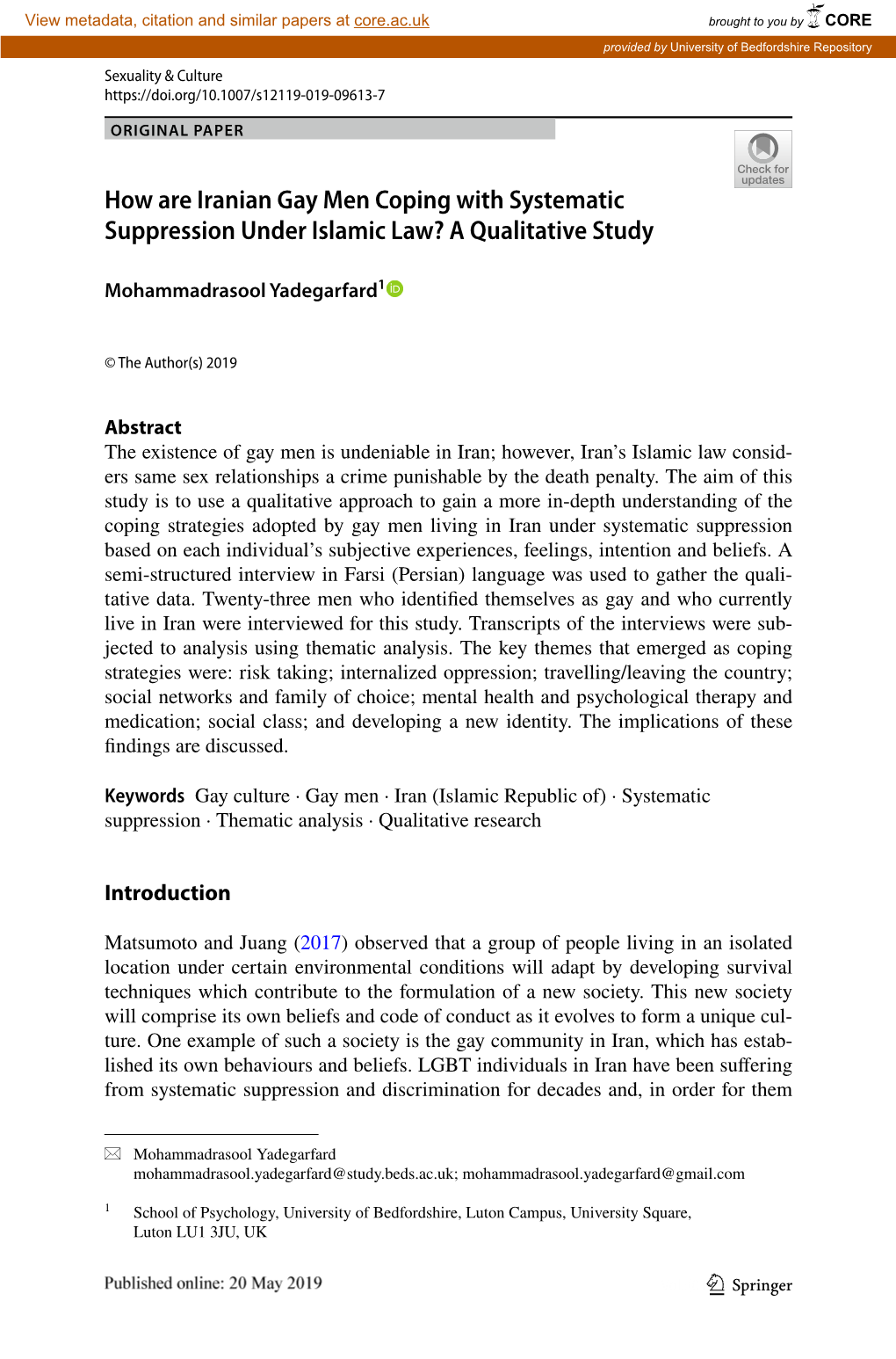 How Are Iranian Gay Men Coping with Systematic Suppression Under Islamic Law? a Qualitative Study