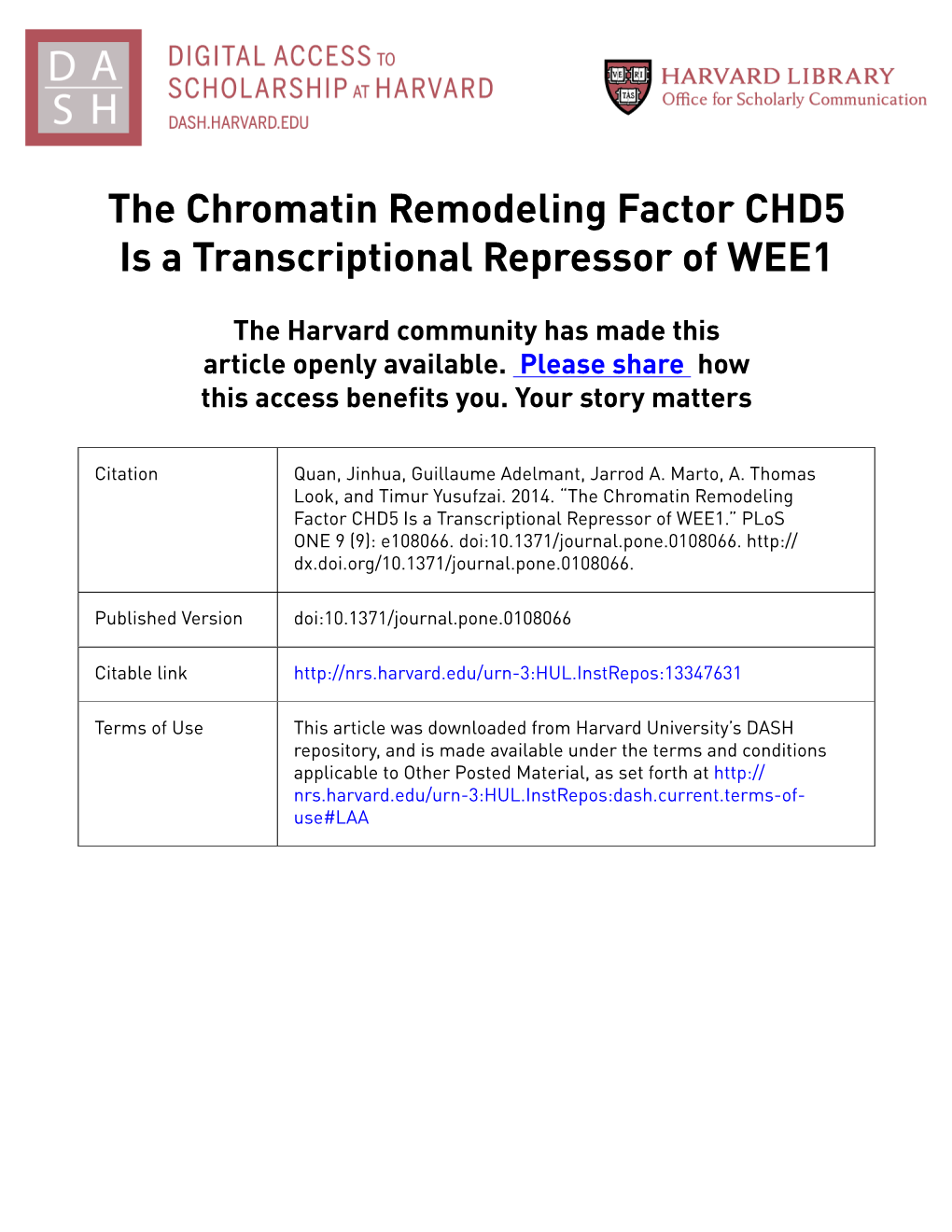 The Chromatin Remodeling Factor CHD5 Is a Transcriptional Repressor of WEE1