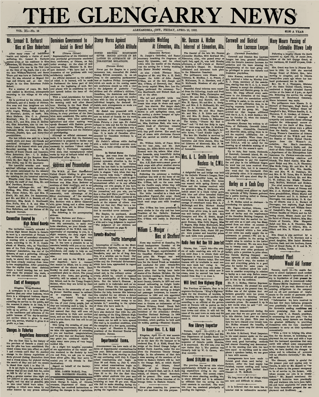 Mr. Lemuel D. Oalhurst Dies at Glen Robertson Dominion Government