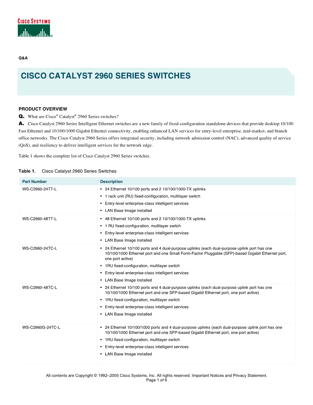 Cisco Catalyst 2960 Series Switches